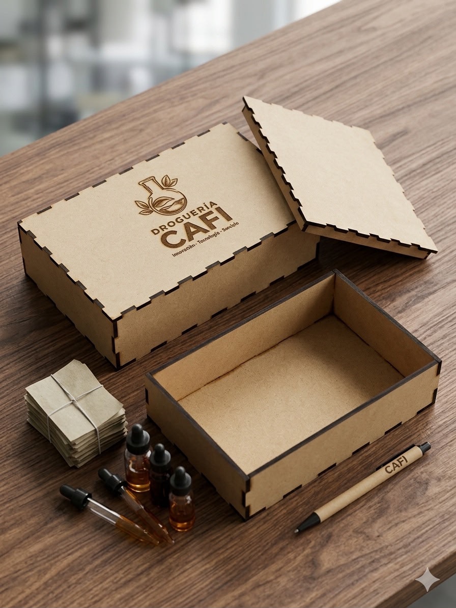 Caja corporativa Droguería CAFI grabado láser — Hannover Laser Honduras
