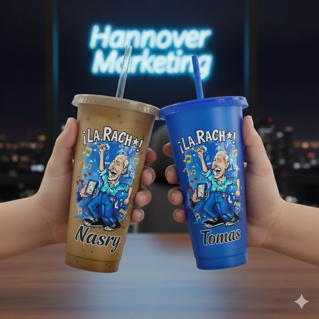 Vasos personalizados La Racha Nasry y Tomas — Hannover Marketing Honduras